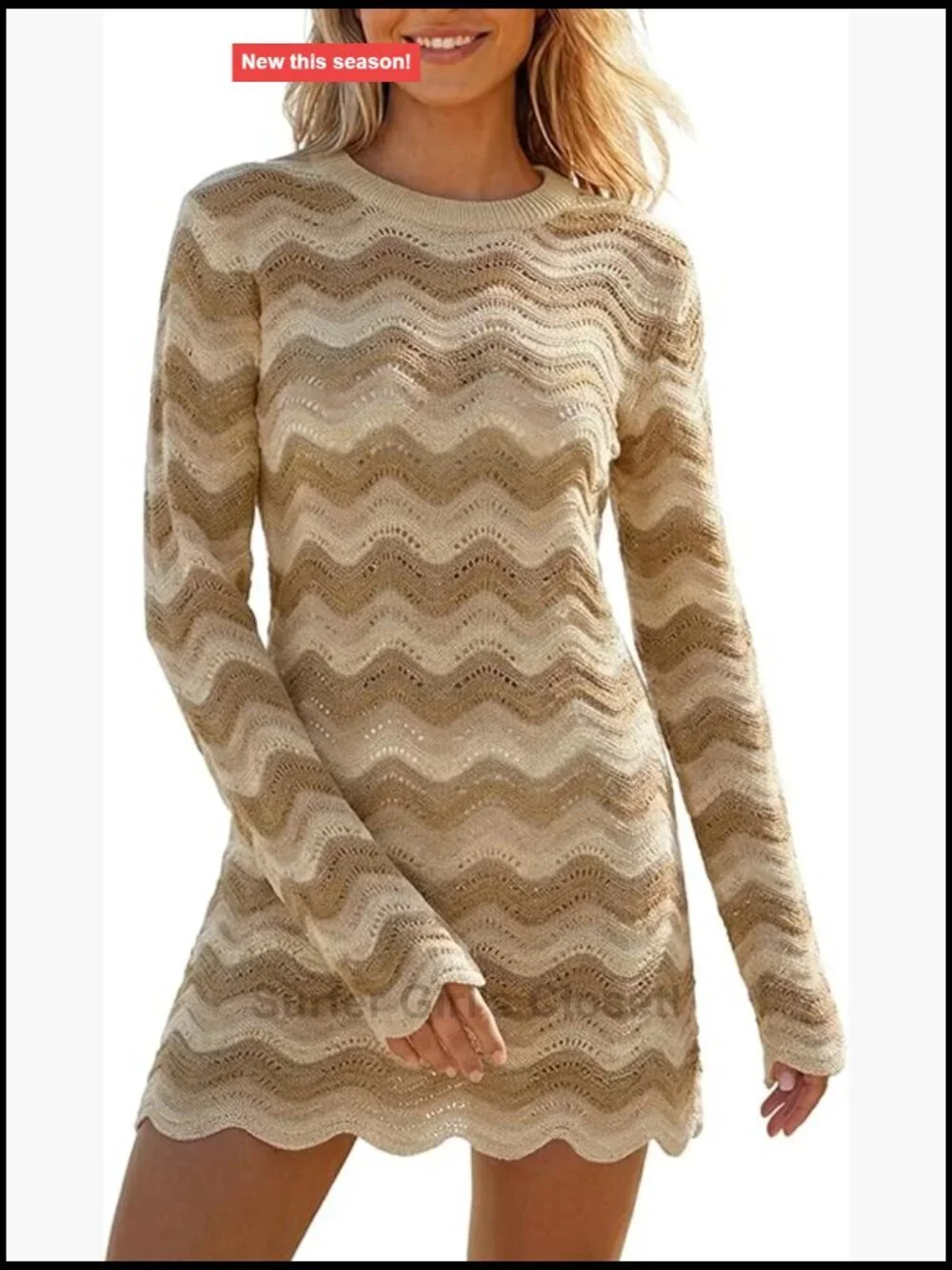 Crochet Colorful Mesh Summer Long Sleeve Cover Up Striped Beach Mini Dress